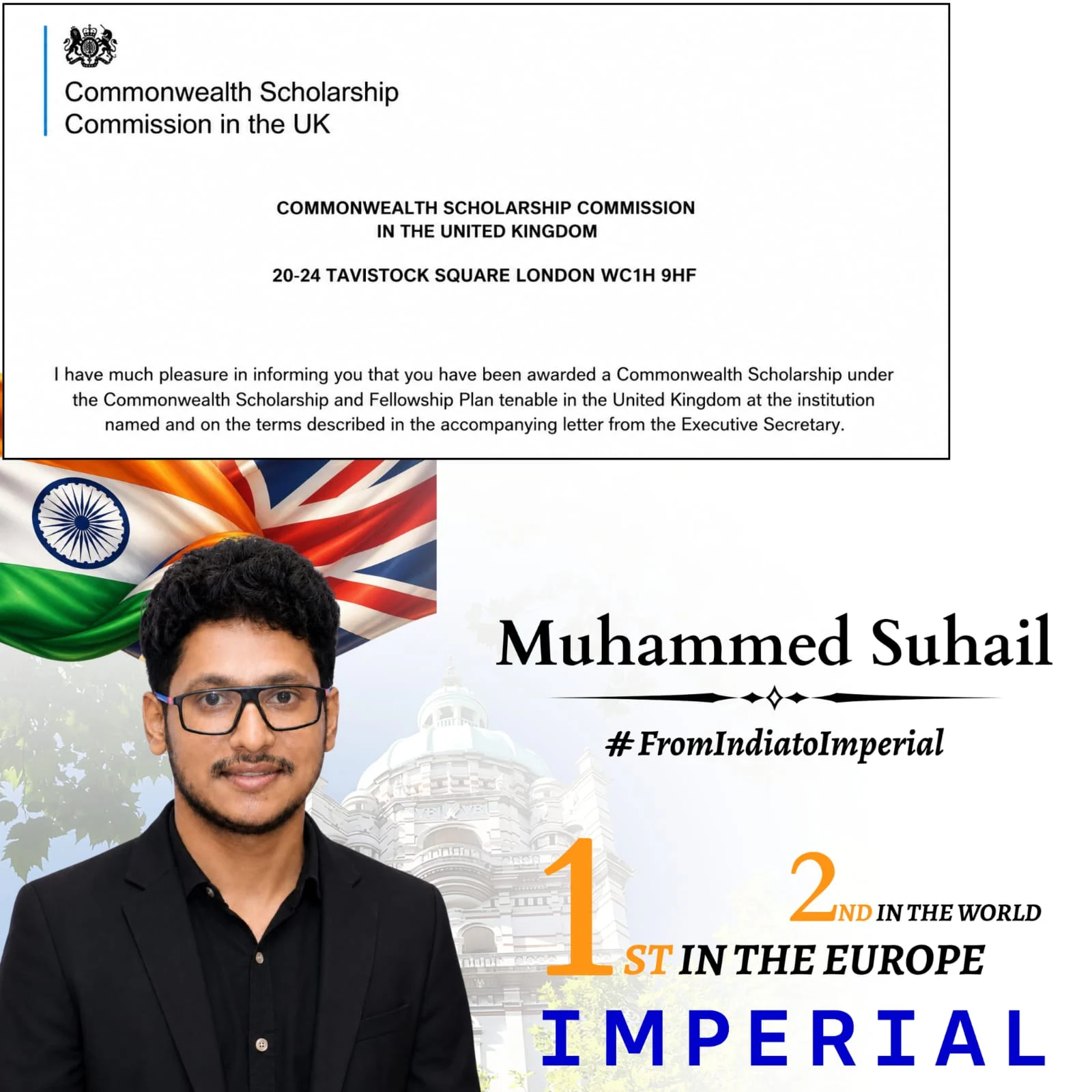 Muhammed Suhail pictured with his Commonwealth Scholarship award and Imperial College London journey graphic