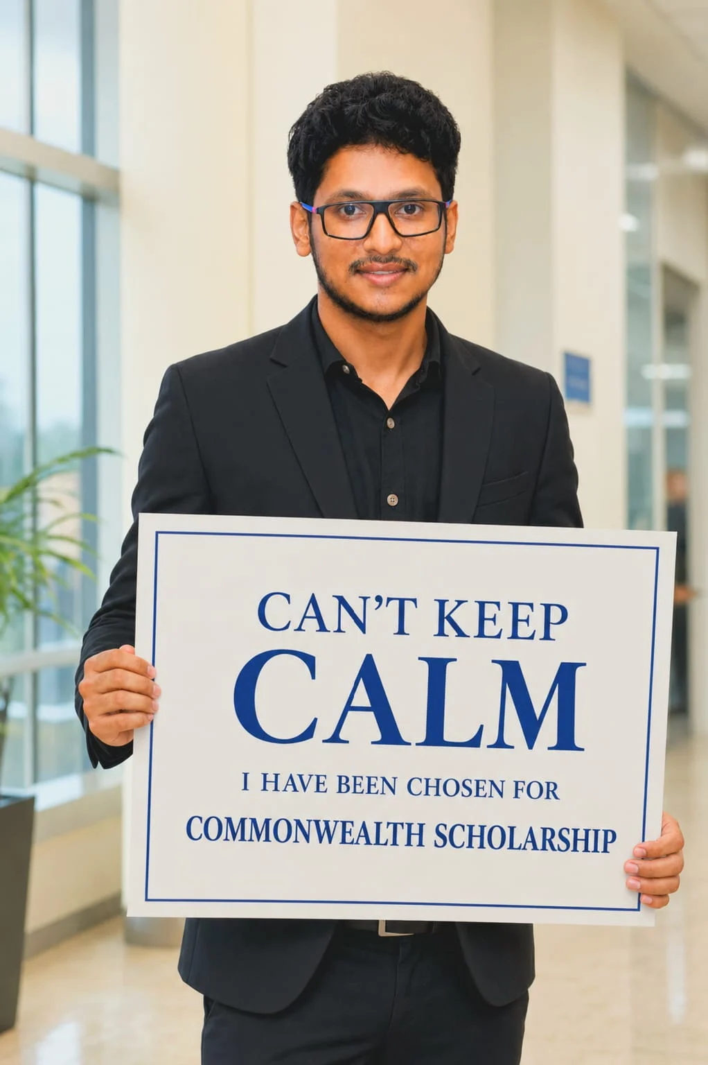 Muhammed Suhail holding a sign celebrating his Commonwealth Scholarship selection